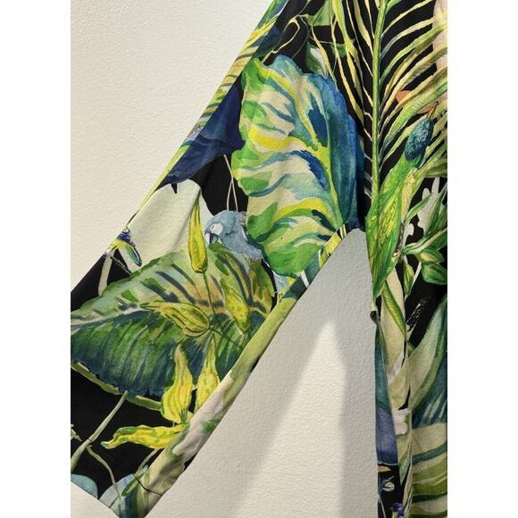 H&M Small Green Tropical Belted Kaftan Dress Birds Resort Parrot Vacation Travel - Picture 7 of 12